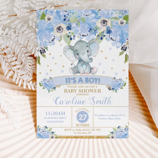 Convites Chá de Bebê Elefante Azul Floral Bebê Menino (Criador carregado)