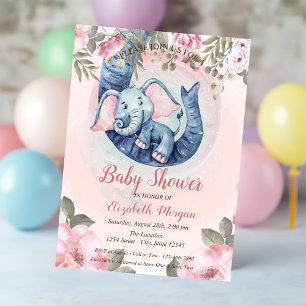 Convites Chá de Bebê Elefante Bebê Fofo Flores Pontos Rosa