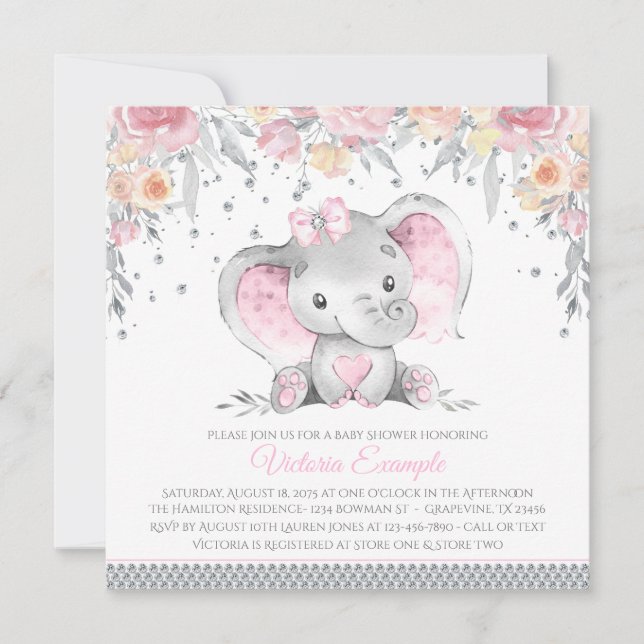 Convites Chá de Bebê Elefante Cinza Rosa Diamante Floral (Frente)