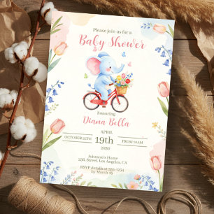 Convites Chá de Bebê Elefante de Bicicleta Floral