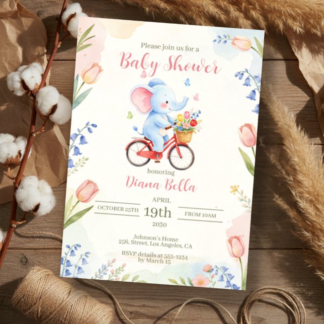 Convites Chá de Bebê Elefante de Bicicleta Floral (Criador carregado)