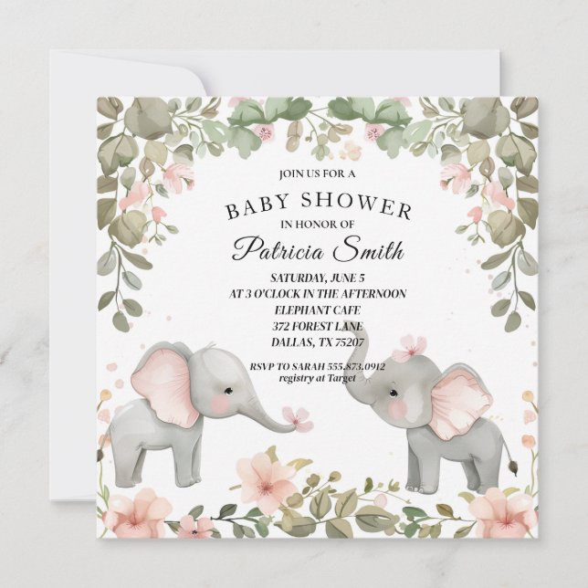 Convites Chá de Bebê Elefante Floral Aquarela Doce (Frente)