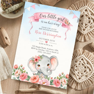Convites Chá de Bebê Elefante Floral Nossa Pequena Menina