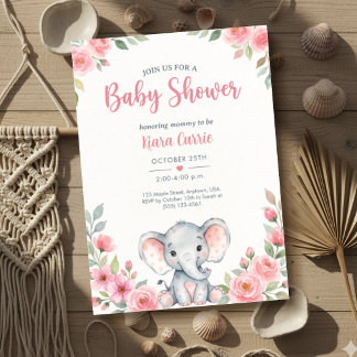 Convites Chá de Bebê Elefante Floral Rosa Bebe Menina