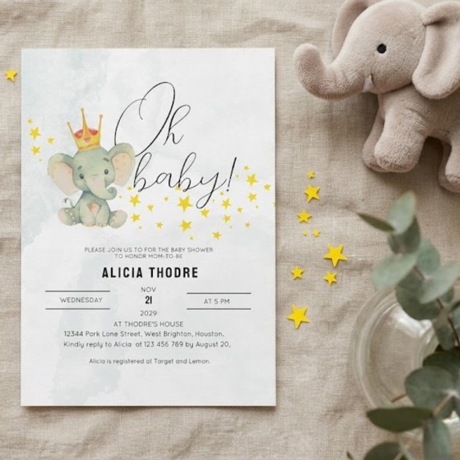 Convites Chá de Bebê Elefante Neutro 'Cute Oh Baby' (Criador carregado)