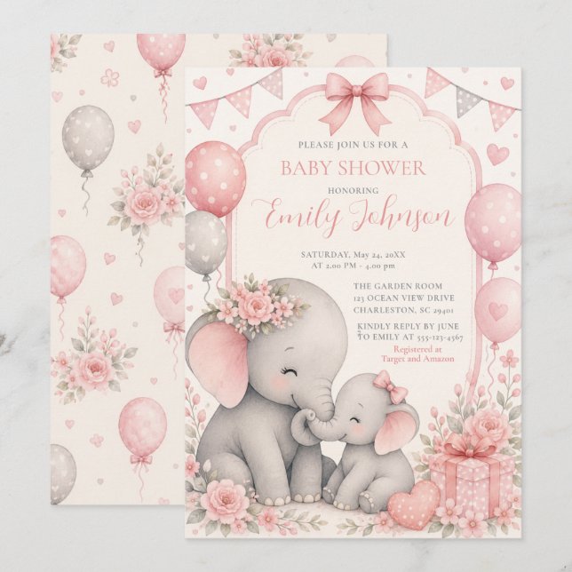 Convites Chá de Bebê Elefante Rosa (Frente/Verso)