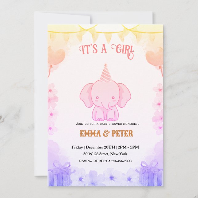 Convites Chá de Bebê Elefante Rosa Personalizado (Frente)