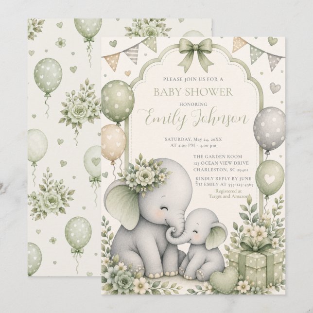 Convites Chá de Bebê Elefante Verde Sage (Frente/Verso)