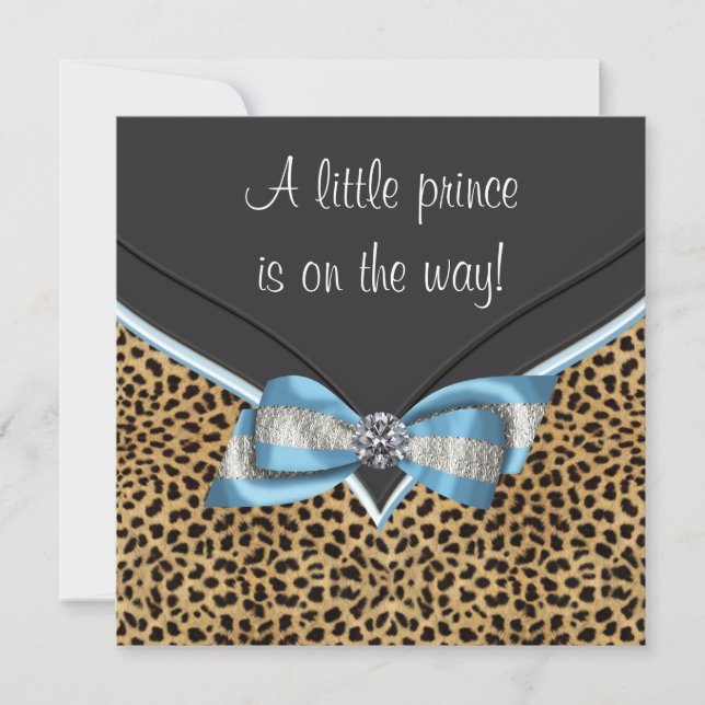 Convites Chá de Bebê Elegante Bebê Azul Leopardo Príncipe (Frente)