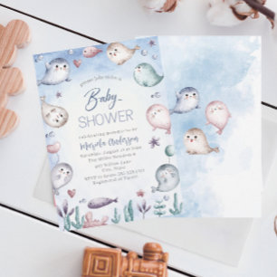 Convites Chá de Bebê Elegante Bebe Foca Aquarela