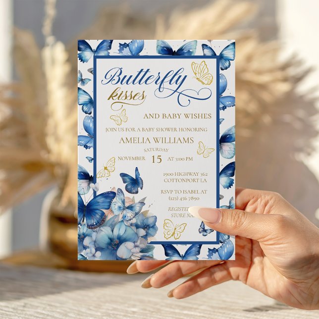 Convites Chá de Bebê Elegante Borboleta Azul Dourada (Criador carregado)