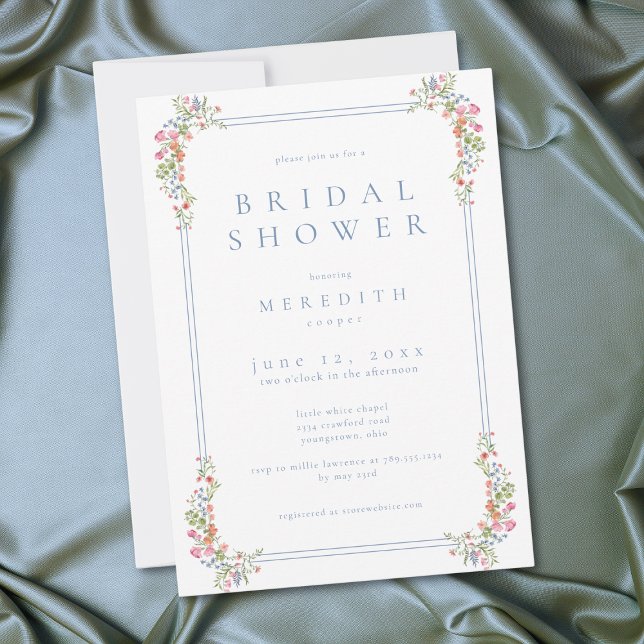 Convites Chá de Bebê Elegante com Crista de Flor Silvestre  (Elegant Blue Pastel Wildflower Crest Bridal Shower Invitation)