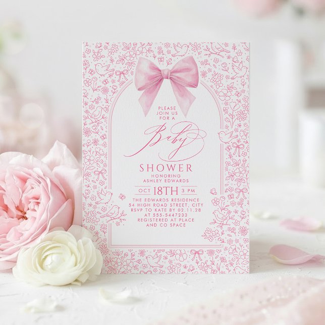 Convites Chá de Bebê Elegante com Floral Toile e Laço Rosa  (Chinoiserie floral botanical pink bow girl baby shower invitations)