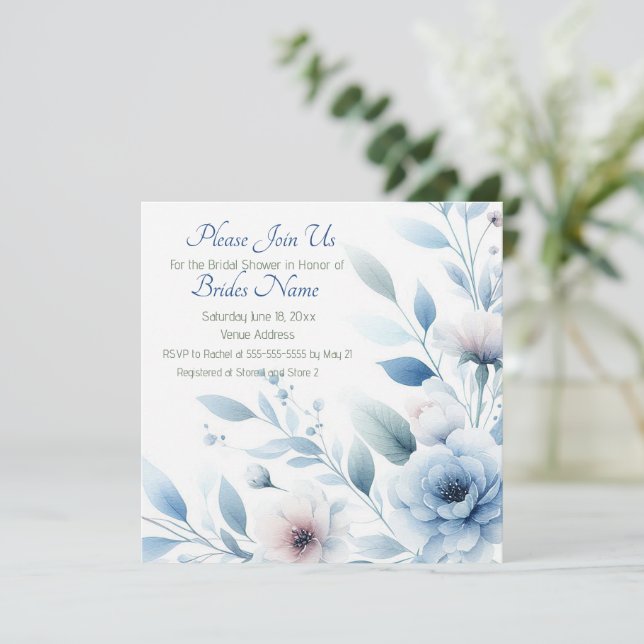 Convites Chá de Bebê Elegante com Flores Azuis (Em pé/Frente)