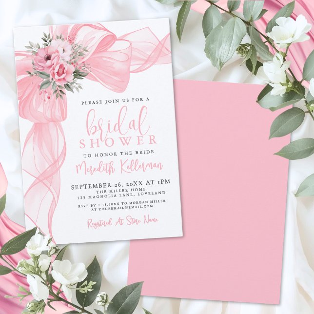 Convites Chá de Bebê Elegante com Laço Rosa (Elegant Pink Bow Bridal Shower Invitation)
