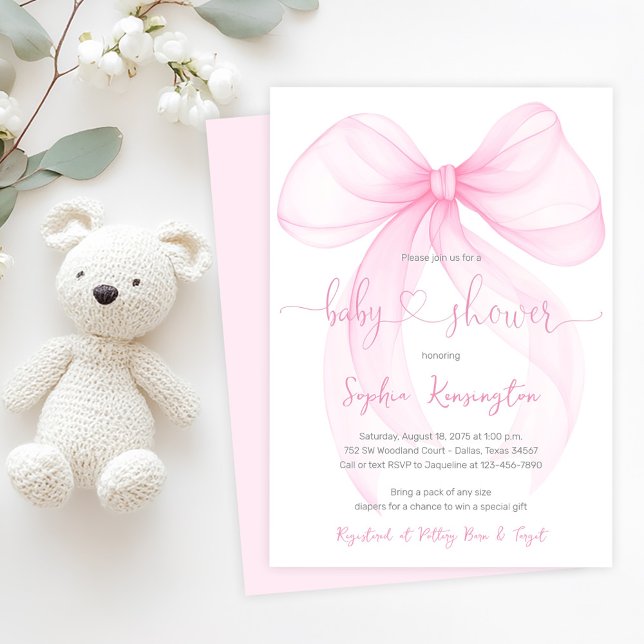 Convites Chá de Bebê Elegante com Laço Rosa (Delicate pink bow baby shower invitation. Simply add your event details.)