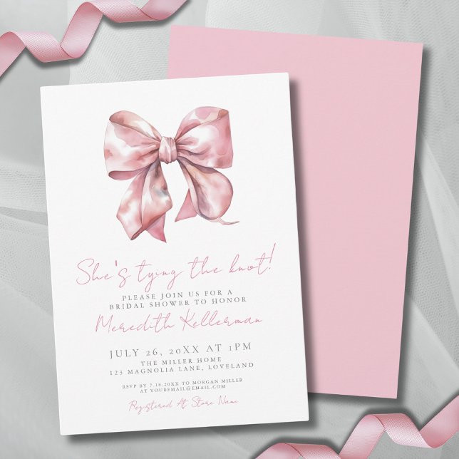 Convites Chá de Bebê Elegante com Laço Rosa (Watercolor Blush Pink Bow Bridal Shower Invitation)