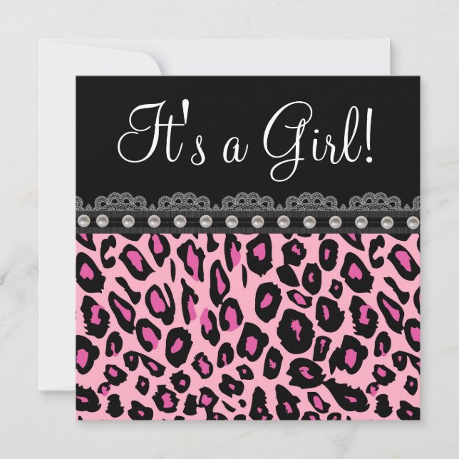 Convites Chá de Bebê Elegante com Leopardo Rosa Quente (Frente)