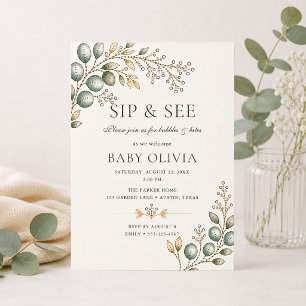 Convites Chá de Bebê Elegante com Verde de Eucalipto Sip &