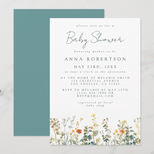 Convites Chá de Bebê Elegante das Flores Silvestres (Frente/Verso)