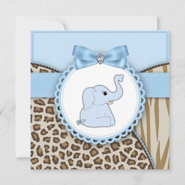 Convites Chá de Bebê Elegante de Elefante Marrom e Azul (Frente)