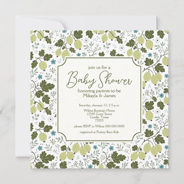 Convites Chá de Bebê Elegante de Groselha e Flores Azuis (Frente)