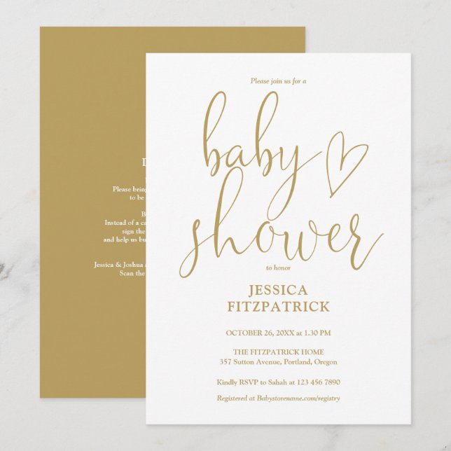 Convites Chá de Bebê Elegante Dourado Tudo em Um (Frente/Verso)