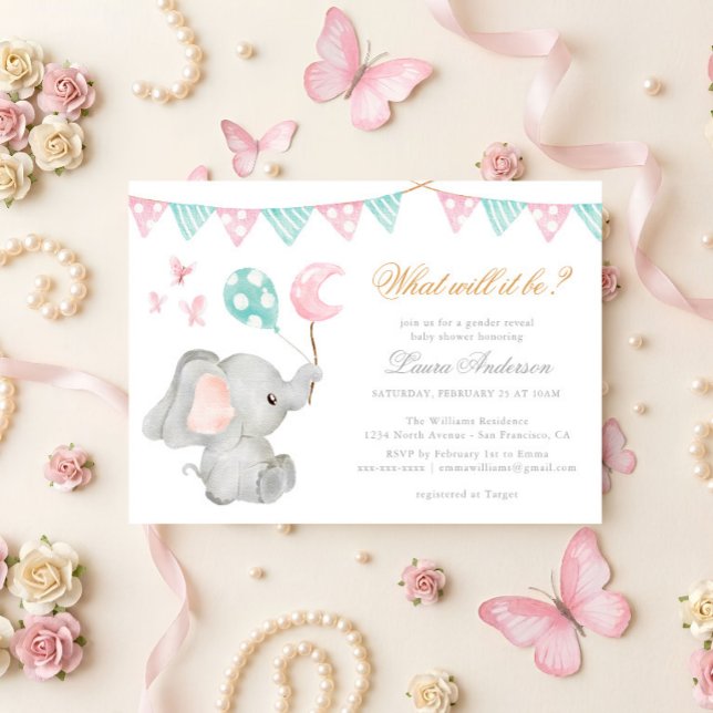 Convites Chá de Bebê Elegante Elefante Revelação de Gênero (Criador carregado)