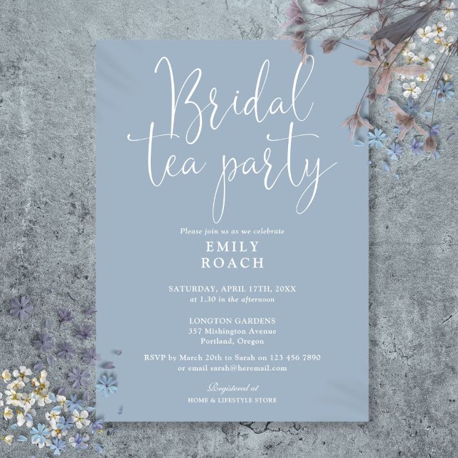 Convites Chá de Bebê Elegante em Azul Empoeirado com Letra  (Dusty Blue Elegant Script Bridal Tea Party Shower Invitation)