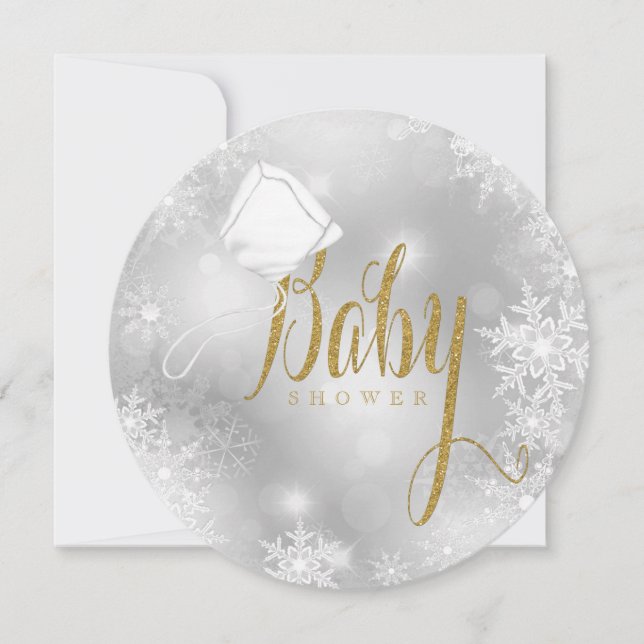 Convites Chá de Bebê Elegante em Branco e Dourado com Floco (Frente)