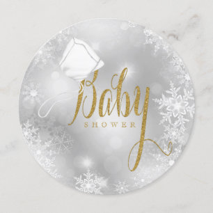 Convites Chá de Bebê Elegante em Branco e Dourado com Floco