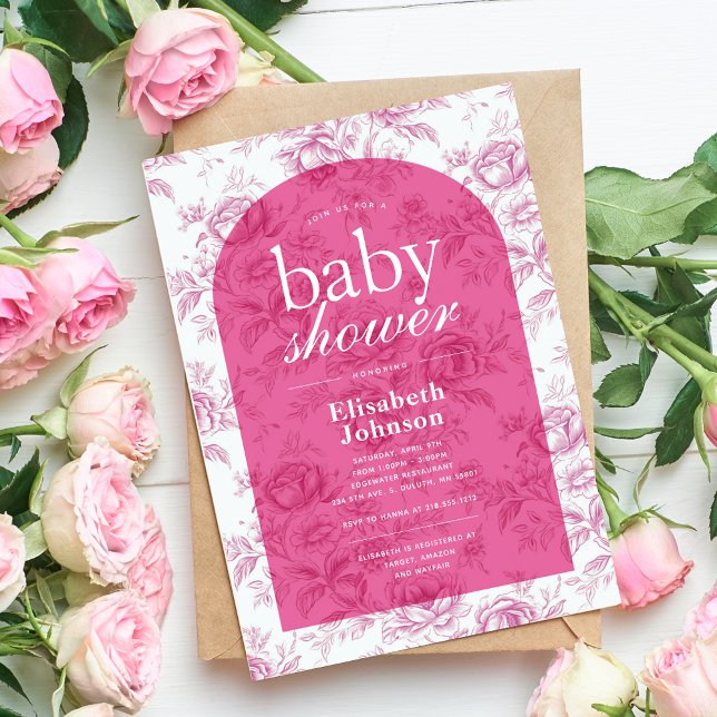 Convites Chá de Bebê Elegante em Rosa com Chinoiserie (Criador carregado)