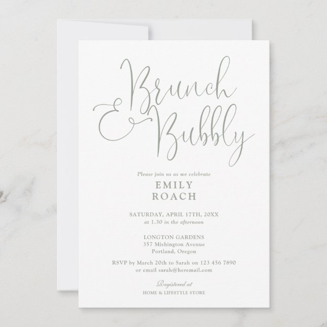 Convites Chá de Bebê Elegante em Verde Sage com Brunch e Es (Frente)