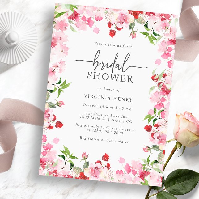 Convites Chá de Bebê Elegante em Vermelho e Rosa (Elegant Red and Pink Bridal Shower Invitation - Watercolor Red and Pink Floral)