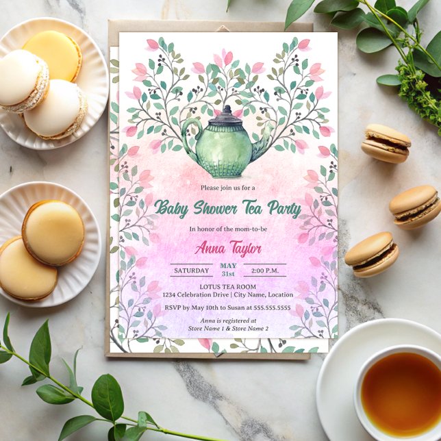 Convites Chá de Bebê Elegante Festa do Chá Bule Floral (Elegant baby shower tea party invitation with a teapot and floral design elements front and back.)