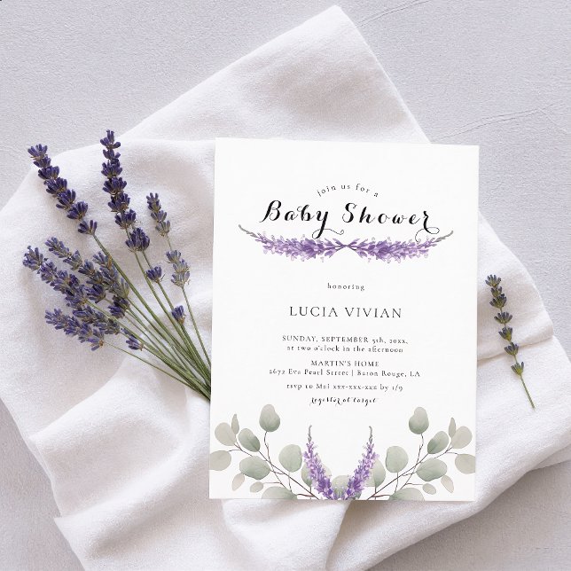 Convites Chá de Bebê Elegante Lavanda Verde Eucalipto (Criador carregado)