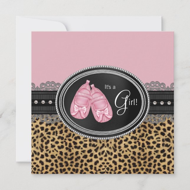 Convites Chá de Bebê Elegante Leopardo Rosa (Frente)
