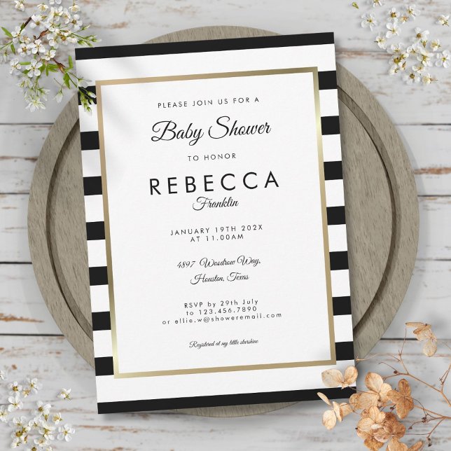Convites Chá de Bebê Elegante Listrado de Preto e Branco (Elegant Black And White Stripe Baby Shower Invitation)