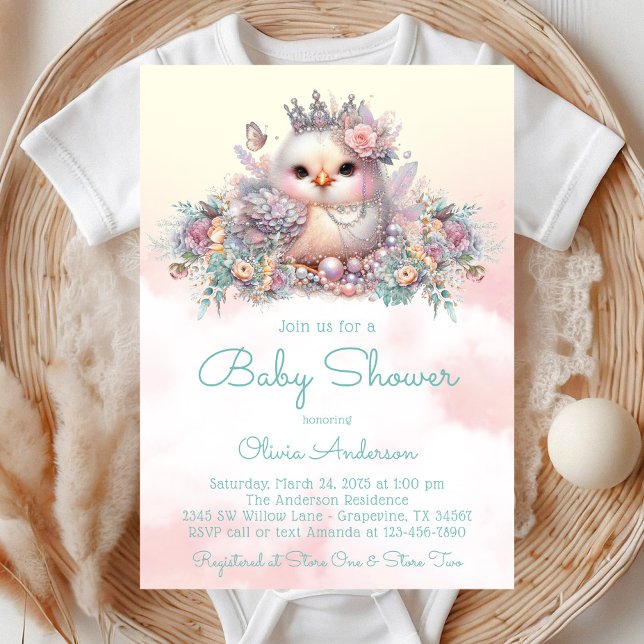 Convites Chá de Bebê Elegante Menina Franguinha Bebê (Pastel fancy chick with pearls, flowers and butterflies on a pretty pastel background.)