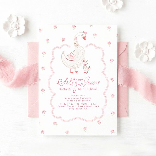 Convites Chá de Bebê Elegante Menina Rosa Silly Goose (Silly Goose Pink Cute Baby Shower Invitations)