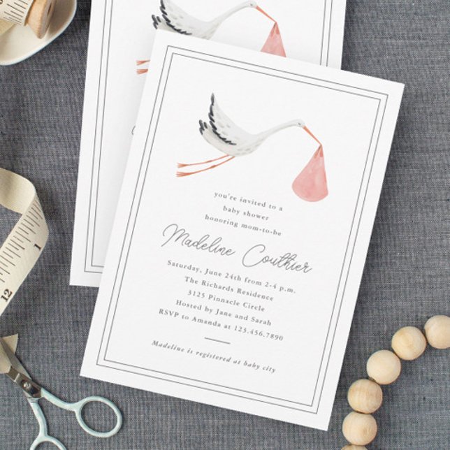 Convites Chá de Bebê Elegante Meninas Cegonha Desenhada à M (Elegant hand drawn stork girls baby shower invitations.)