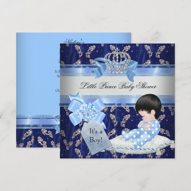 Convites Chá de Bebê Elegante Menino Príncipe Azul Coroa (Frente/Verso)
