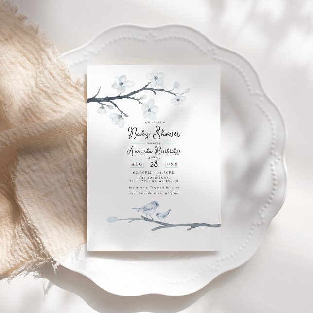 Convites Chá de Bebê Elegante Pássaro Azul e Flor de Cereje (Elegant Blue Bird and Cherry Blossom Baby Shower Invitation)