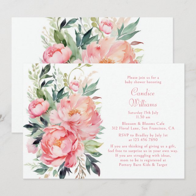 Convites Chá de Bebê Elegante Peônia em Aquarela Rosa (Frente/Verso)