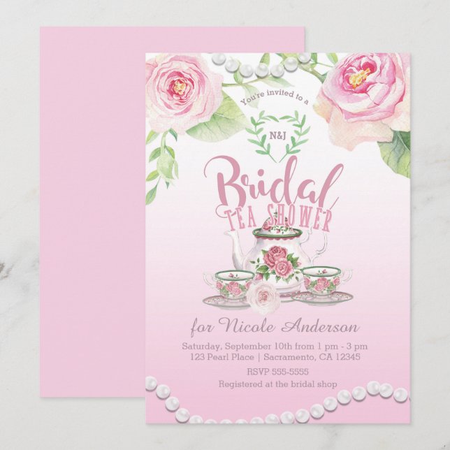 Convites Chá de Bebê Elegante Pink Roses & Pearls (Frente/Verso)