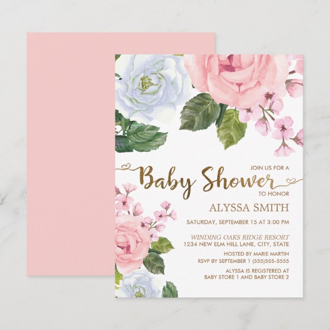 Convites Chá de Bebê Elegante Rosa Branco Rosas Florais Scr (Frente/Verso)