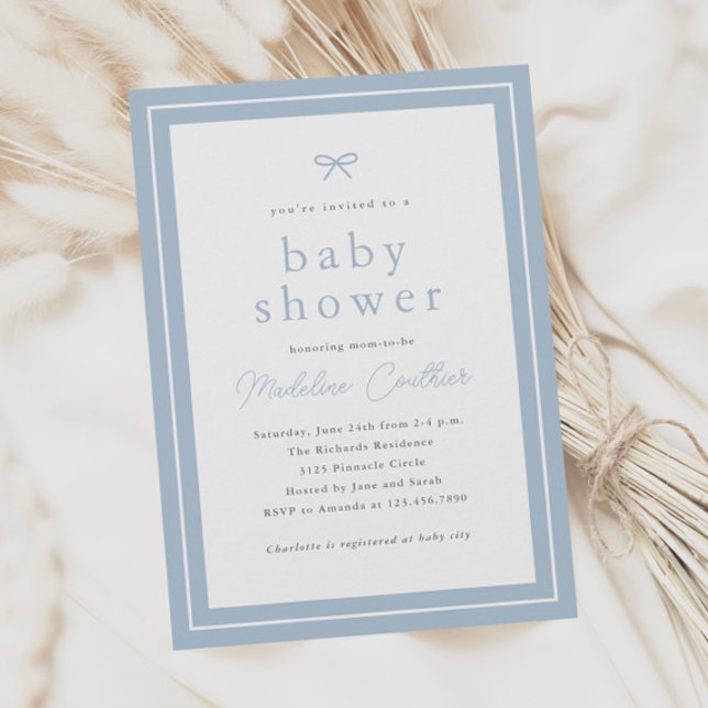 Convites Chá de Bebê Elegante Simples Menino Azul Poento (Simple classic dusty blue boys baby shower invitations with minimal bow.)