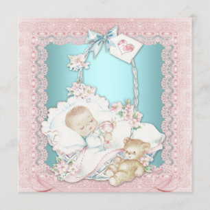 Convites Chá de Bebê Elegante Vintage Azul Teal e Rosa