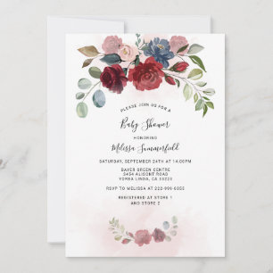 Convites Chá de Bebê em Aquarela Botânica Floral Borgonha