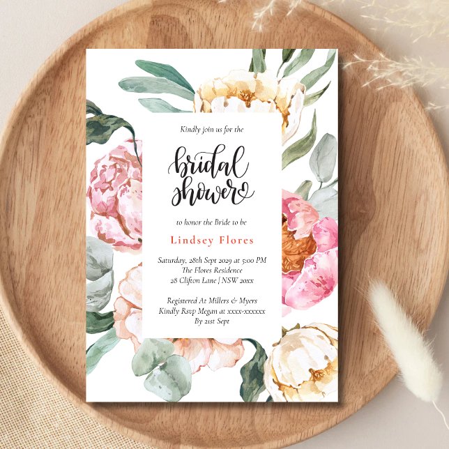 Convites Chá de Bebê em Aquarela com Flora Rosa e Verdura (Soft pink floral bridal shower invitation creates a romantic feel for your special day.)